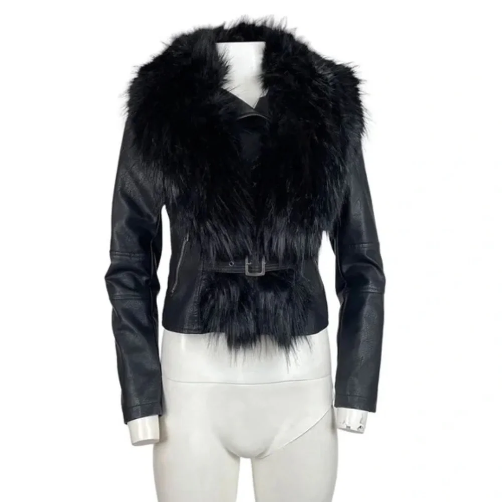 Black Vegan Leather Jacket Faux Fur Collar Belted Y2K Glam NWT